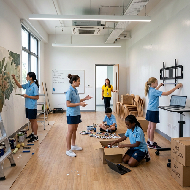 Five diverse students in sky blue uniforms setting up an almost finished art studio, one checking inventory between laptop and box, supervised by a Filipino teacher in yellow